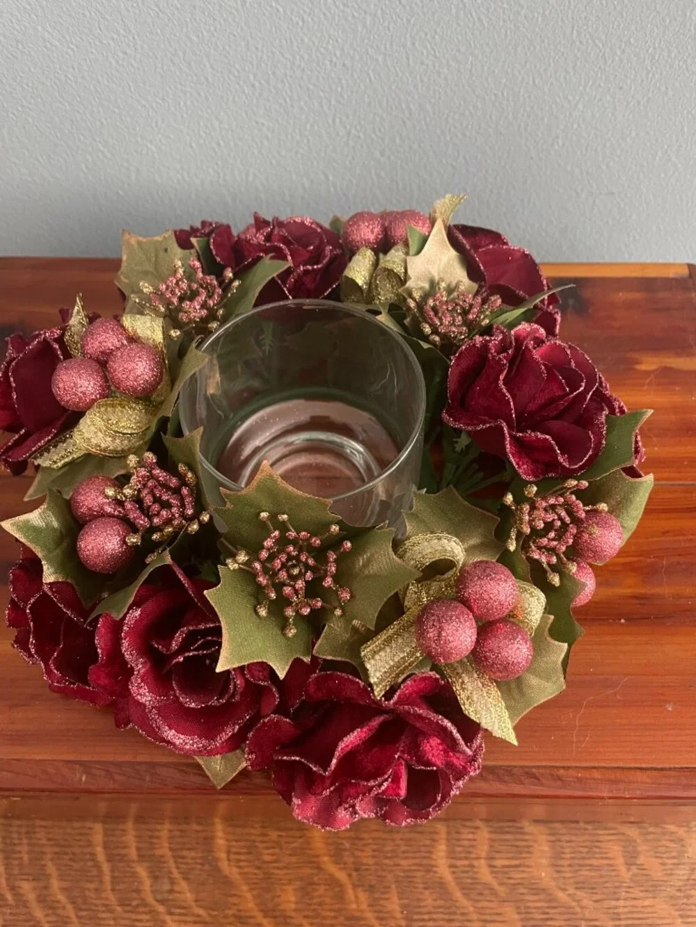 Christmas Candle Holder Ring Floral Roses Cranberries Holly Glitter 8